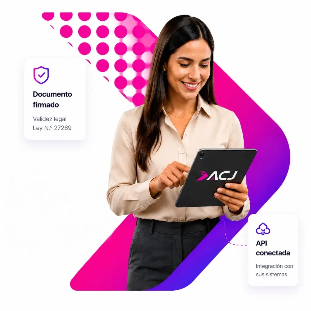 Equipo empresarial trabajando con soluciones de firma digital ACJ